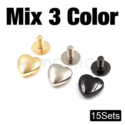 10 Set Heart-Shaped Metal Screwback Rivets 10/14mm – Screw Studs for Leathercraft, Garments, Belts & Bags