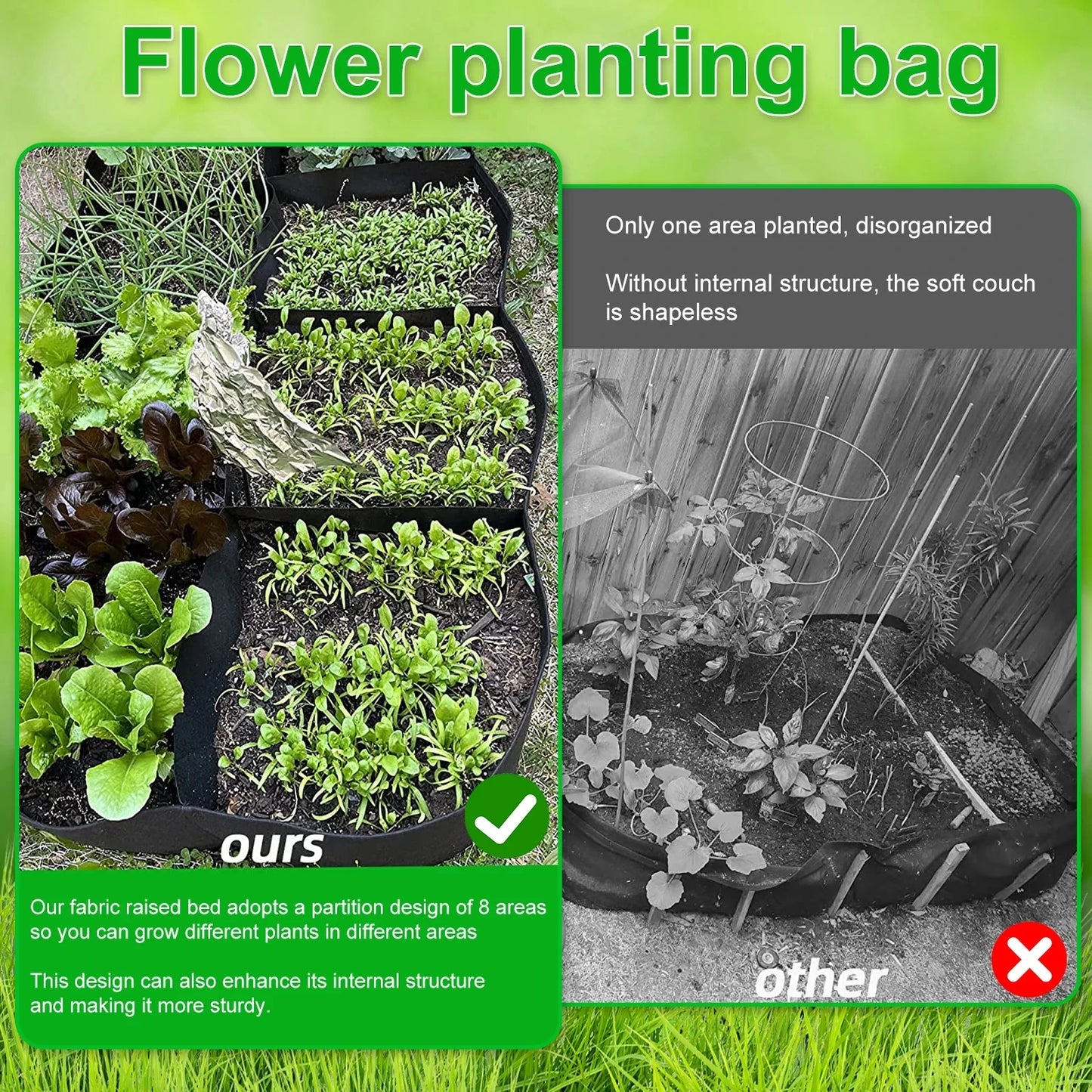 Reusable Fabric Garden Bags: Portable Rectangle Grow Bag for Planting Bed, 4/8 Grids - Large Vegetable Planting Bag for Yard