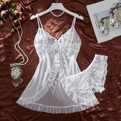 Women’s Lingerie Set — Plus Size Lace Nightgown, Thong & Suspender Sexy Sleepwear