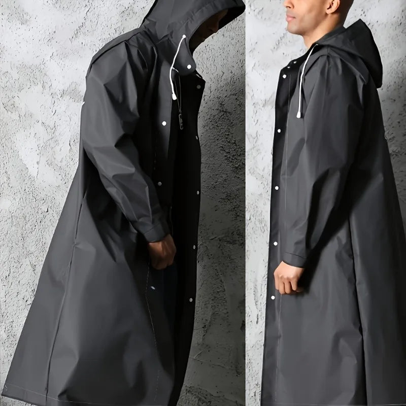 Black Waterproof Long Raincoat for Adults – Hooded Outdoor Jacket for Motorcycle, Cycling, Hiking and Fishing