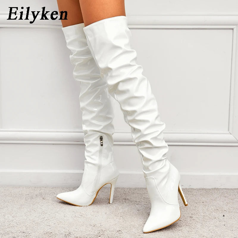 Eilyken Red Over-the-Knee Stiletto Boots for Women – Patent Leather Pointed Toe High Heel Zip-Up Shoes