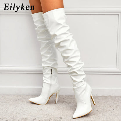 Eilyken Red Over-the-Knee Stiletto Boots for Women – Patent Leather Pointed Toe High Heel Zip-Up Shoes