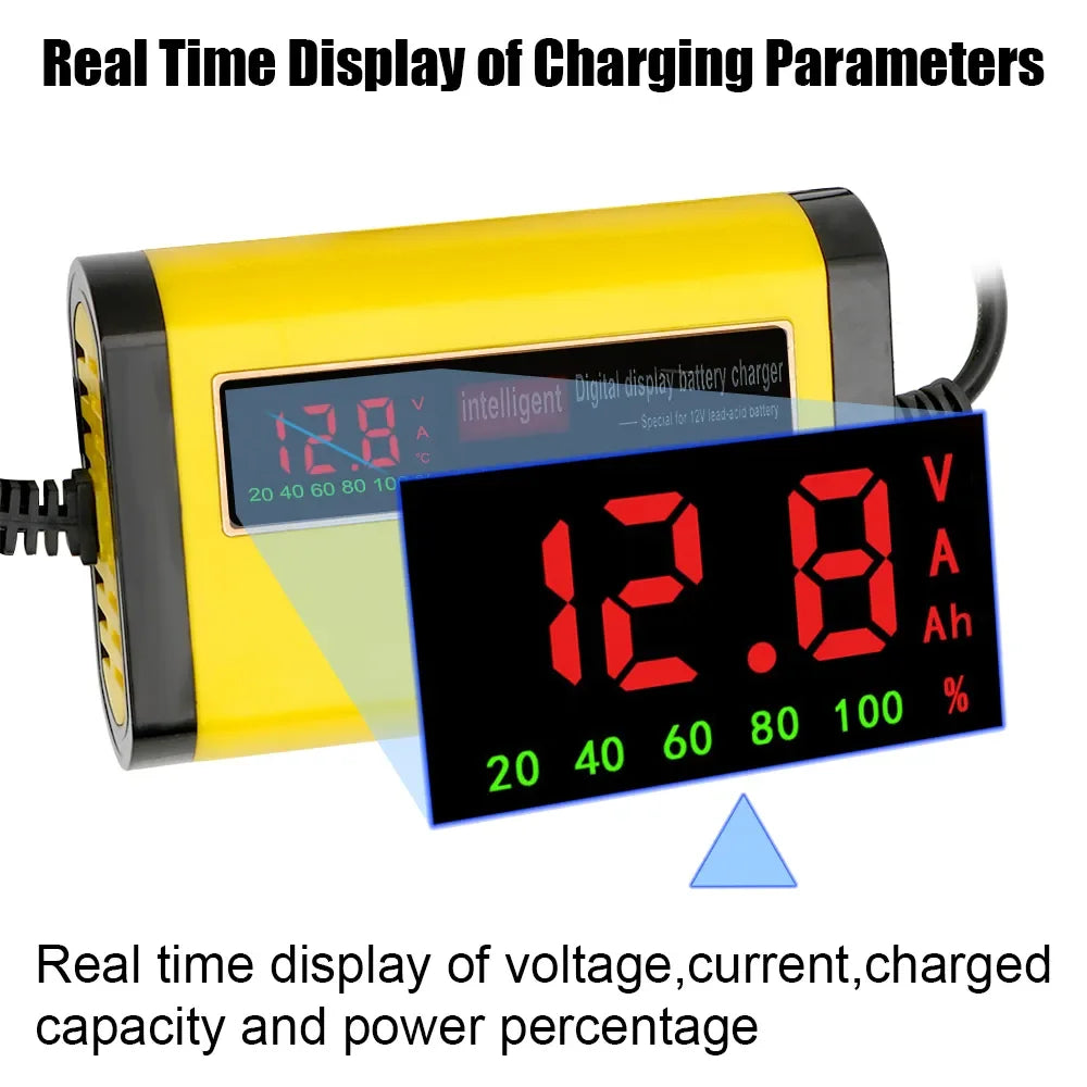 Full Automatic Car Battery Charger - Digital LCD Display, 2A Fast Charging, 3 Stages Lead Acid AGM GEL Battery Chargers