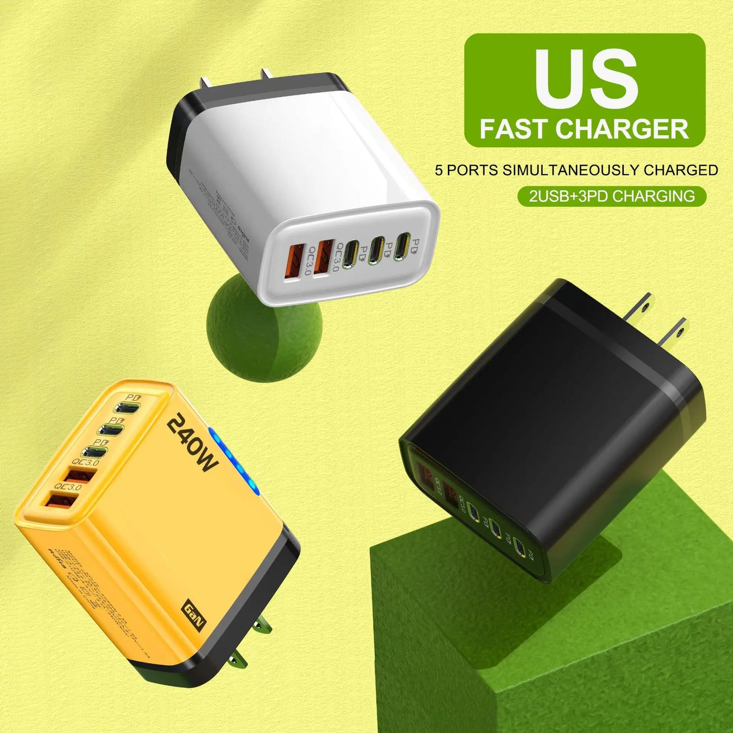 240W 5-in-1 GaN Fast Desktop Charger – USB-C Quick Charge 3.0 Adapter for iPhone Samsung Huawei