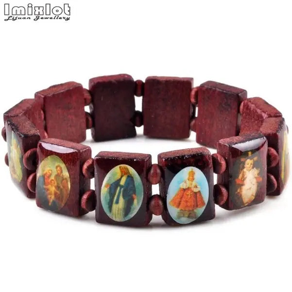 Wooden Rosary Bracelet - Elastic Colored Bead Catholic Prayer Bracelet with Jesus and Saint Design