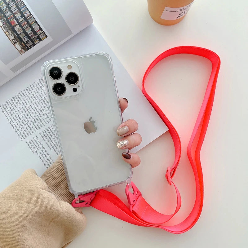 Crossbody Shoulder Strap Phone Case - Transparent Shockproof Cover for iPhone 17 Air, 16, 15, 14, 13 Pro Max & More