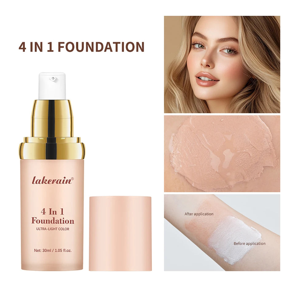 Color-Changing 4-in-1 Foundation – Moisturizing SPF 30+ Longwear Waterproof Makeup Base for Hydrating Travel Coverage