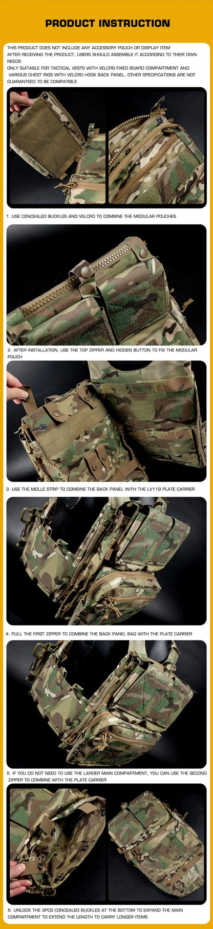 LV119 Tactical Vest Back Panel – Spiritus Systems Hunting Combat Airsoft Plate Carrier with Storage Pouch & Assault Vest Expansion Gear