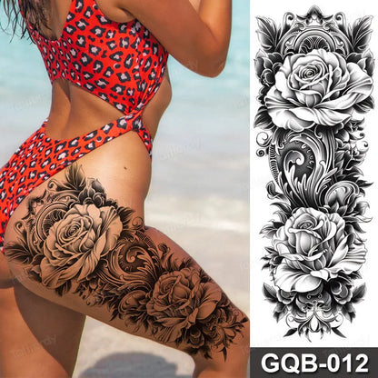 Full Arm Dragon Skull Tattoo Sleeve - Waterproof Temporary Body Art Sticker with Clock Compass Flower Design for Men & Women