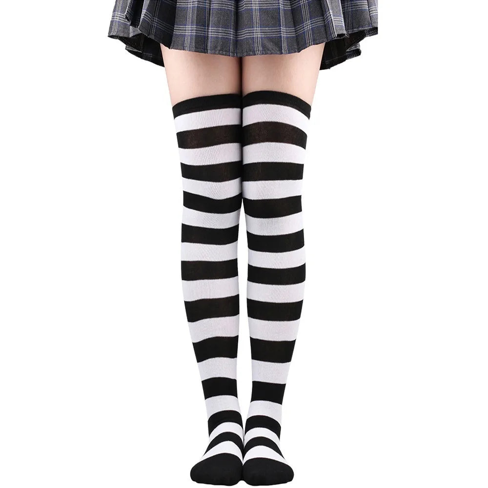Color Striped Japanese Over-Knee Socks – Fashionable Slim Fit Black & White Stockings for Women
