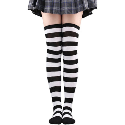 Color Striped Japanese Over-Knee Socks – Fashionable Slim Fit Black & White Stockings for Women