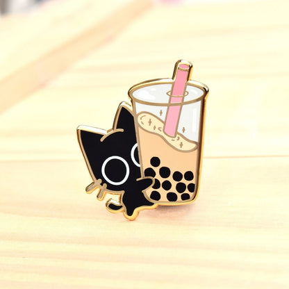Boba Cat Enamel Pin — Cute Black Cat Kawaii Bubble Tea Accessory Pin