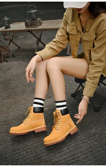 High Top Leather Boots for Men & Women – Fashion Lace-Up Outdoor Sneakers, Non-Slip Casual Ankle Shoes for Couples