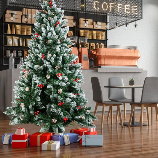 6/7FT Realistic Green Artificial Christmas Tree – Unlit with Pinecones & Holly Berries, Quick Setup with Metal Stand