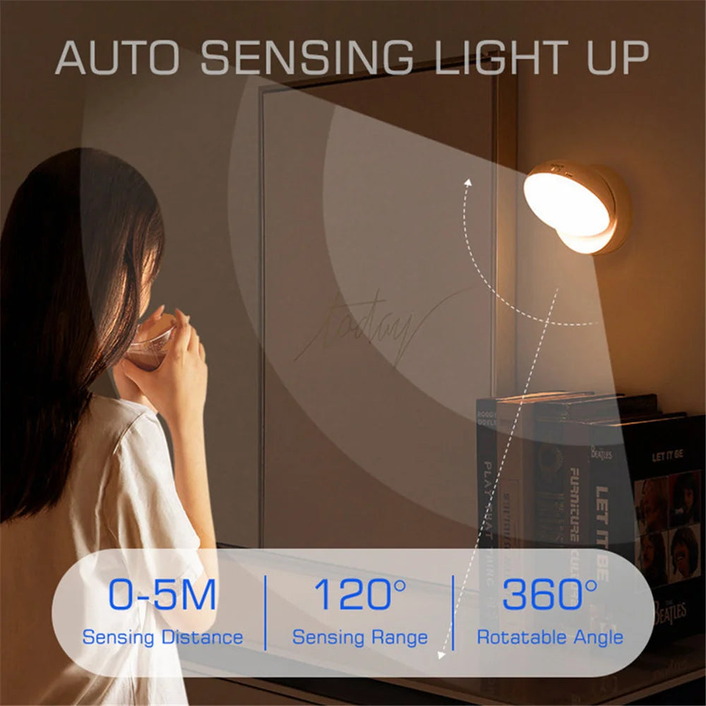 360° Rotated PIR Motion Sensor LED Night Light - Rechargeable Wall Lamps, Wireless Under Cabinet Closet Lamp