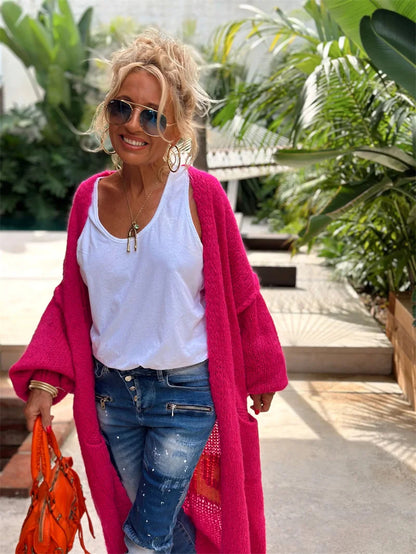 2024 Women’s Knitted Striped Cardigan – Elegant Loose Long Outerwear, Y2K Sweater Coat, Soft Cover-Up for Fashion Streetwear