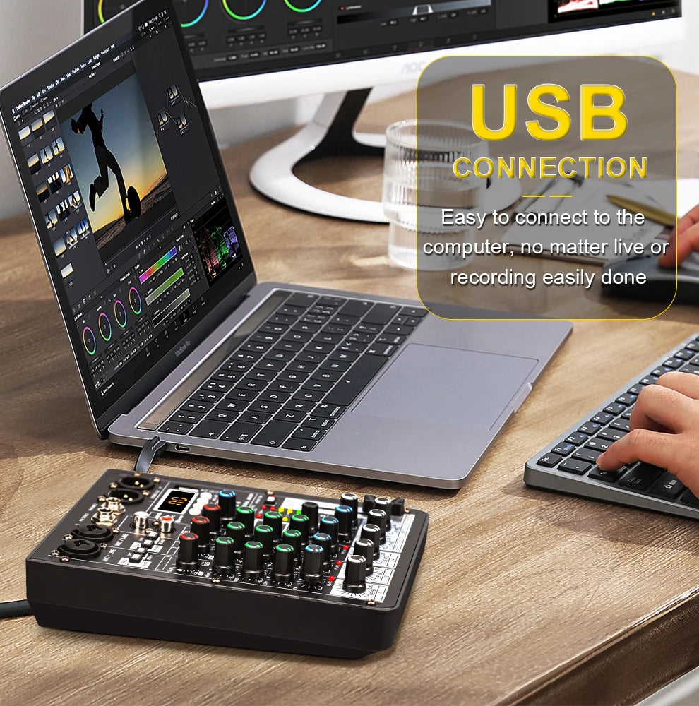 TKL 4-Channel DSP Audio Mixer with 48V Phantom Power, USB, Bluetooth DJ Console for Karaoke Studio Mixing