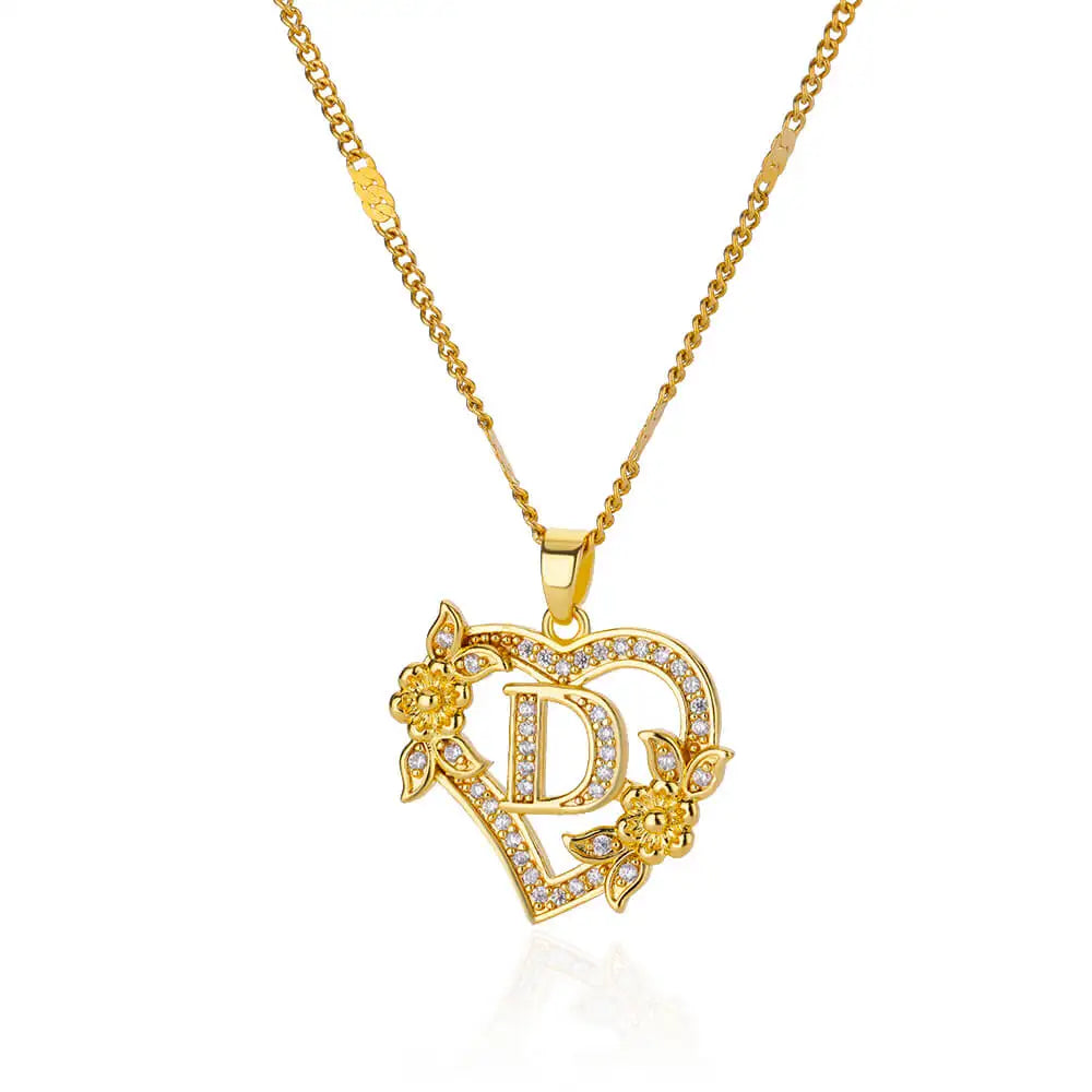 Gold Zircon Heart Initial Necklace – Stainless Steel Letter Pendant Jewelry for Women