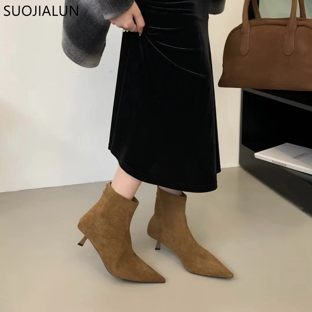 SUOJIALUN 2024 Winter New Women’s Short Boots – Fashion Pointed Toe, Elegant Ankle Boots with Thin High Heel Dress Pumps