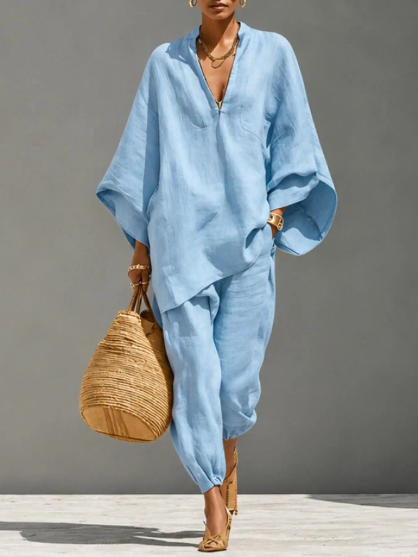 Women’s Linen Casual Set - Summer Loose Deep V-Neck Batwing Sleeve Nine-Piece Solid Color Outfit