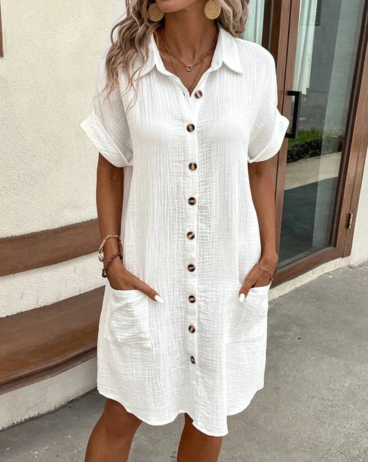 Vintage Women’s Cotton Linen Mini Dress – Summer V-Neck Casual Three-Quarter Sleeve Holiday Dress