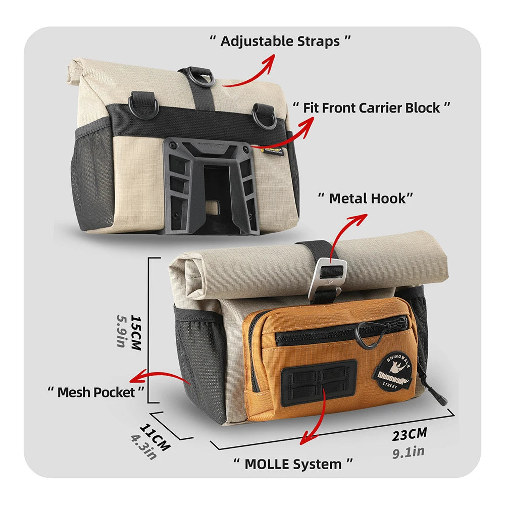 Rhinowalk 4L Bike Handlebar Bag — Quick Release Front Tube Basket with MOLLE for Brompton Folding Bikes
