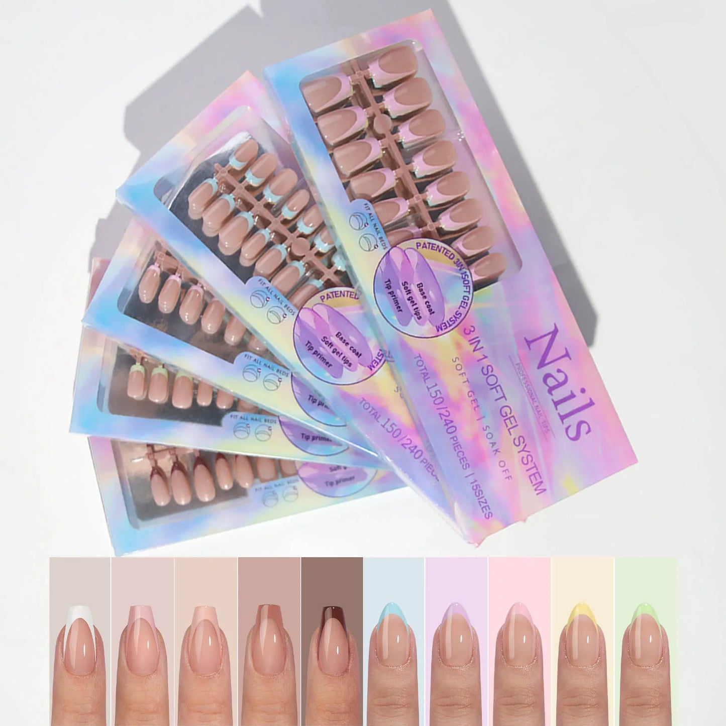 150PCS Press On Fake Nails - 6 Color Multi-Size Almond Acrylic Nails with French Style Removable Design