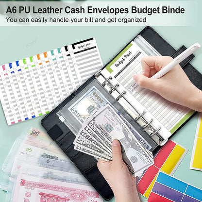 A6 PU Leather Budget Binder Set – Cash Envelopes System, Pockets, Money Organizer, Bill Saving Accessories