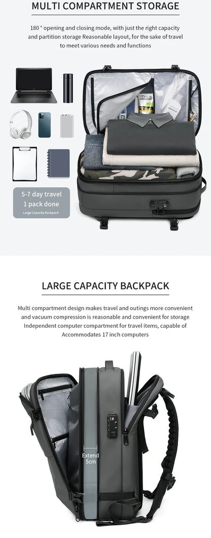 Men's Travel Backpack – Vacuum Compression, 17-Inch Laptop Backpack, Large Capacity Business & School Backpack, Expanded Hiking Bag
