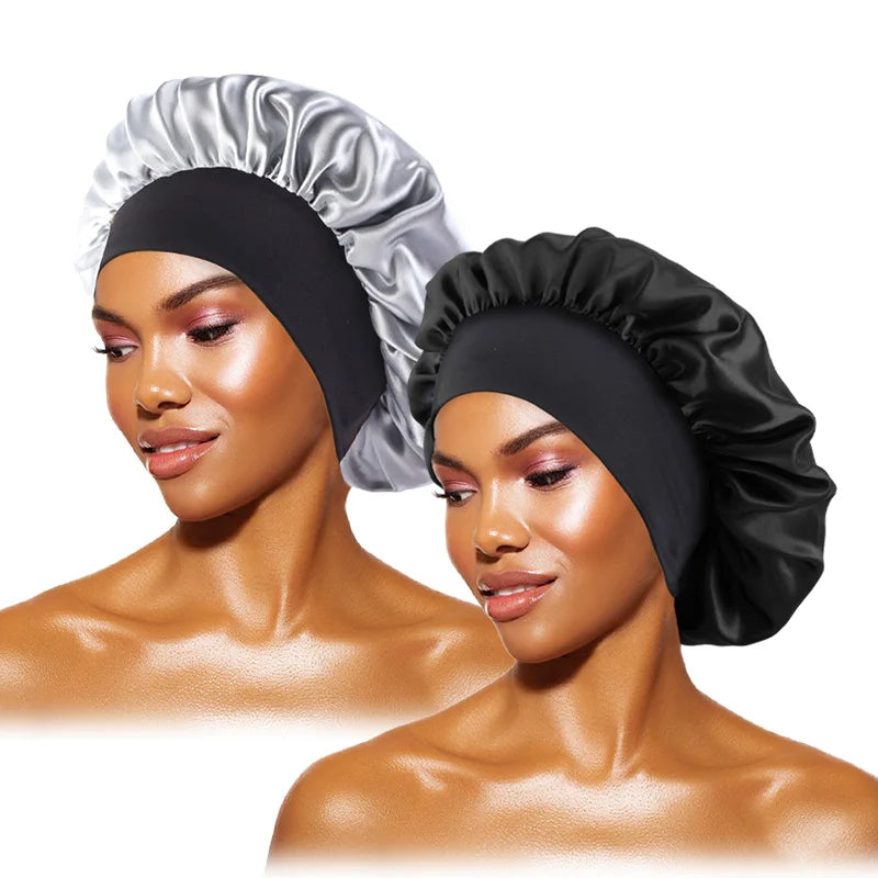 Women's Satin Wide-Brimmed Bonnet – Unisex Night Sleeping & Bathing Head Wrap with Elastic Band for Hair Care