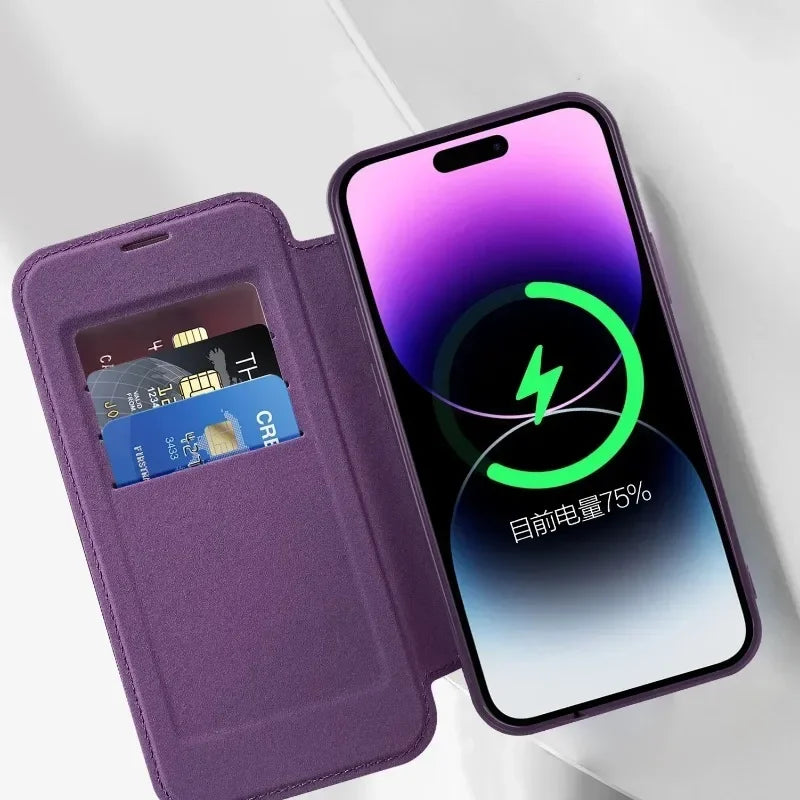 Electroplated Flip Leather Case for iPhone 16, 15, 14, 13, 12 & 11 Plus Pro Max – Luxury MagSafe Wireless Charging Protective Cover