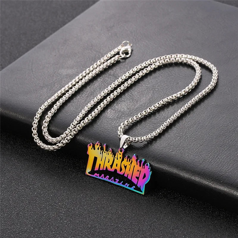 Trendy Hip-Hop Stainless Steel Letter & Flame Pendant Necklace | Street Style Rock Jewelry for Men & Women