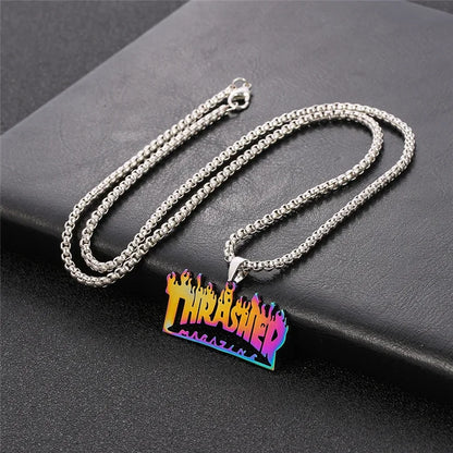Trendy Hip-Hop Stainless Steel Letter & Flame Pendant Necklace | Street Style Rock Jewelry for Men & Women