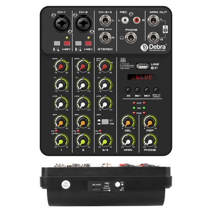 V4 4-Channel Audio Interface Mixer — USB & Bluetooth with 48V Phantom Power, Effects & Recording