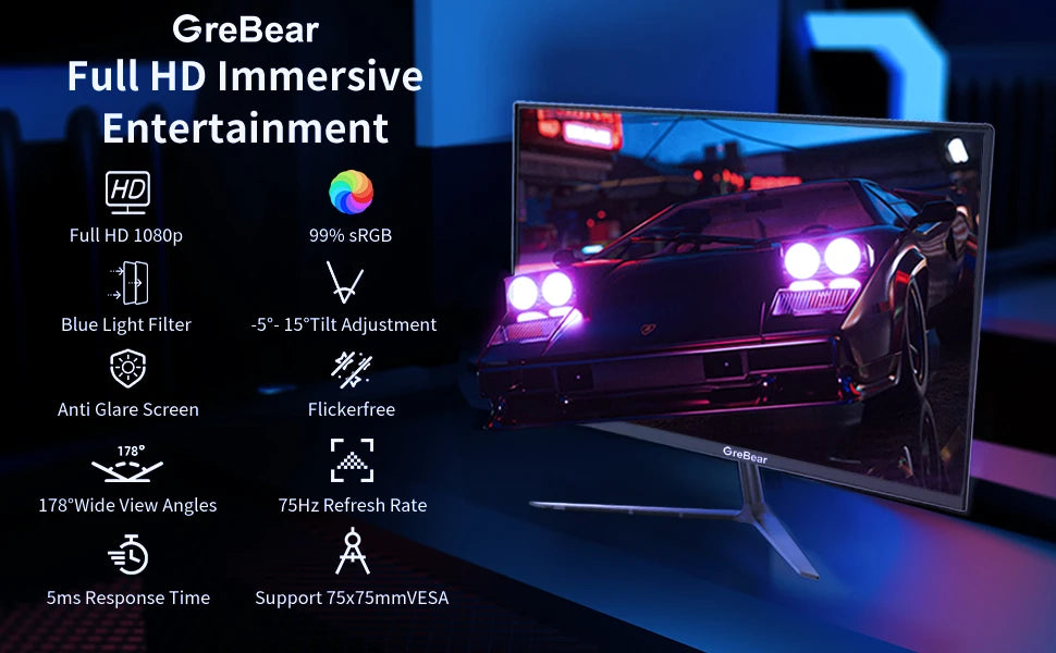 GreBear 24-Inch IPS Computer Monitor – FHD 1080p, 99% sRGB, Ultra Slim LED, 5ms Response, Low Blue Light