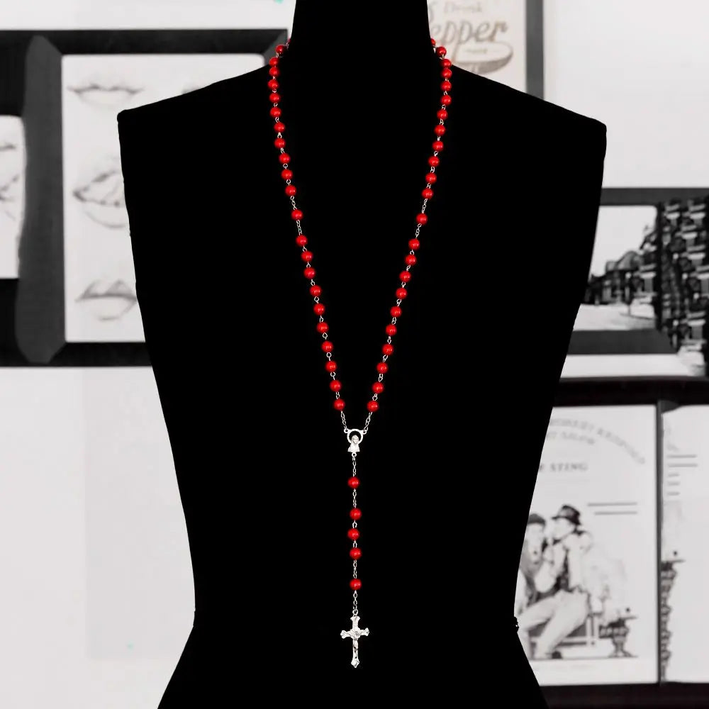 Vintage Crucifix Cross Necklace – Jesus Rosary Beads Chain with Virgin Mary Pendant Religious Jewelry Charm for Men & Women