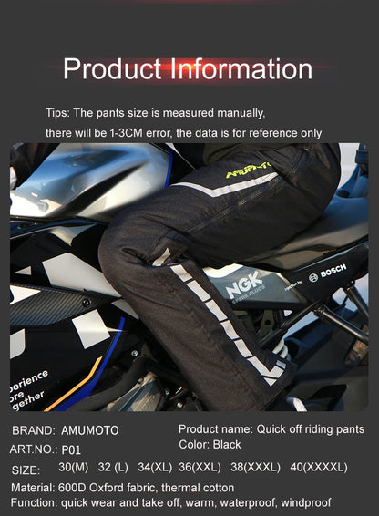 AMU Motorcycle Quick Take-Off Pants - Waterproof, Windproof, Thermal Protective Gear for Men & Women