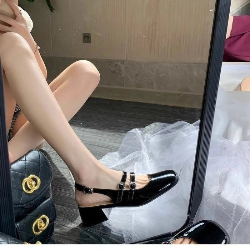 2025 Women’s Burgundy Mary Jane Shoes – Square-Toe Patent Leather Chunky Heel with Double Buckle