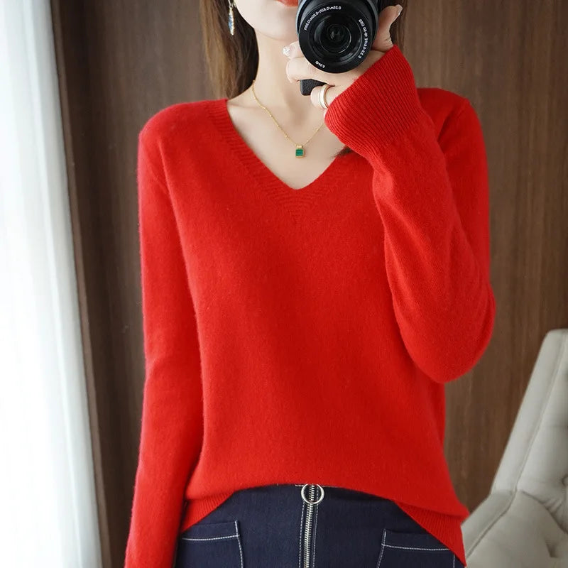 New Women’s Cashmere V-Neck Pullover – Lace Hollow Out Long Sleeve Knitted Sweater for Fall & Winter