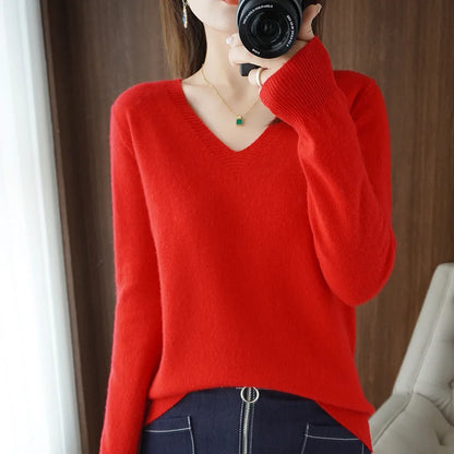 New Women’s Cashmere V-Neck Pullover – Lace Hollow Out Long Sleeve Knitted Sweater for Fall & Winter