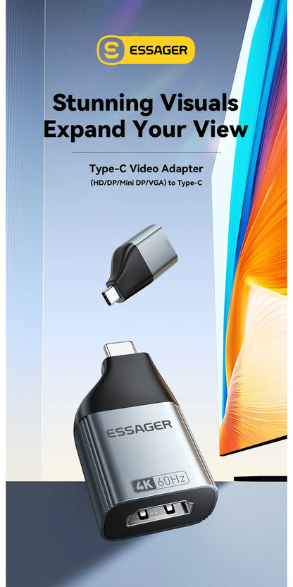 Essager USB-C to HDMI/DP/VGA Adapter – 4K@120Hz 8K@60Hz Video Converter for MacBook & TV Box