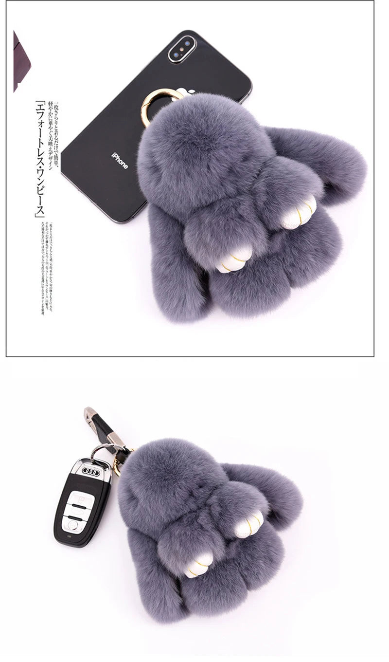 Fluffy Rabbit Fur Pompon Keychain – Cute Bunny Bag and Car Key Ring for Women and Girls