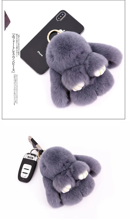 Fluffy Rabbit Fur Pompon Keychain – Cute Bunny Bag and Car Key Ring for Women and Girls