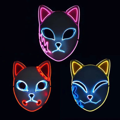 Demon Slayer LED Light-Up Mask – Glowing Anime Cat & Fox Face Cosplay Mask for Halloween, Parties & Costumes