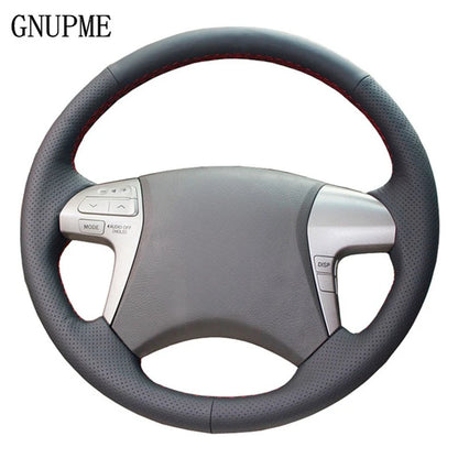 GNUPME DIY Leather Steering Wheel Cover - Hand-Stitched Black Cover for Toyota Highlander & Camry 2007–2011