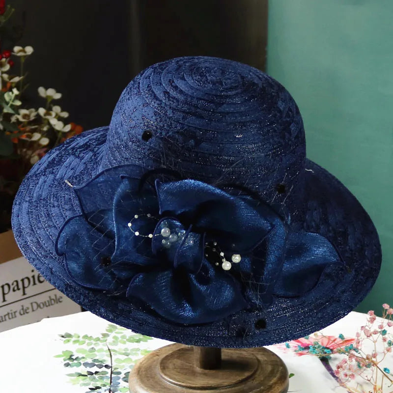 Women’s Elegant Mesh Sun Hat – Pearl Flower Foldable Beach Hat with Large Brim, Lace & Breathable Design for Spring and Summer