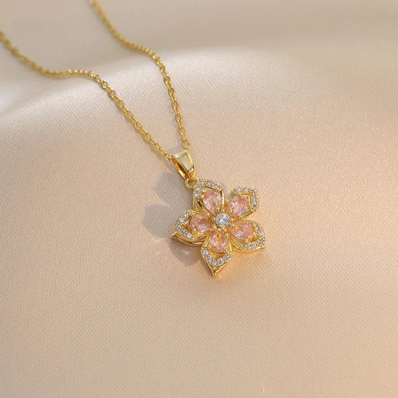 Light Luxury Gold Zircon Flower Pendant Necklace for Women - Elegant Party Jewelry Gift