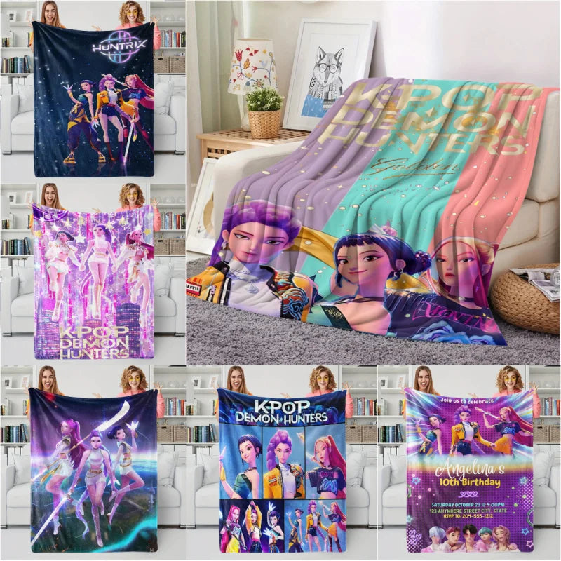 K-Pop Demon Hunter Flannel Blanket — Anime Girl Team Throw — Winter Warm Sofa & Bed Cover Fan Gift