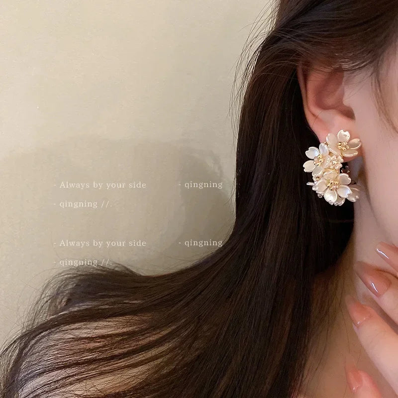 Korean Vintage Pearl & Crystal Earrings for Women — Luxury Zircon Flower, Butterfly & Leaf Stud Jewelry