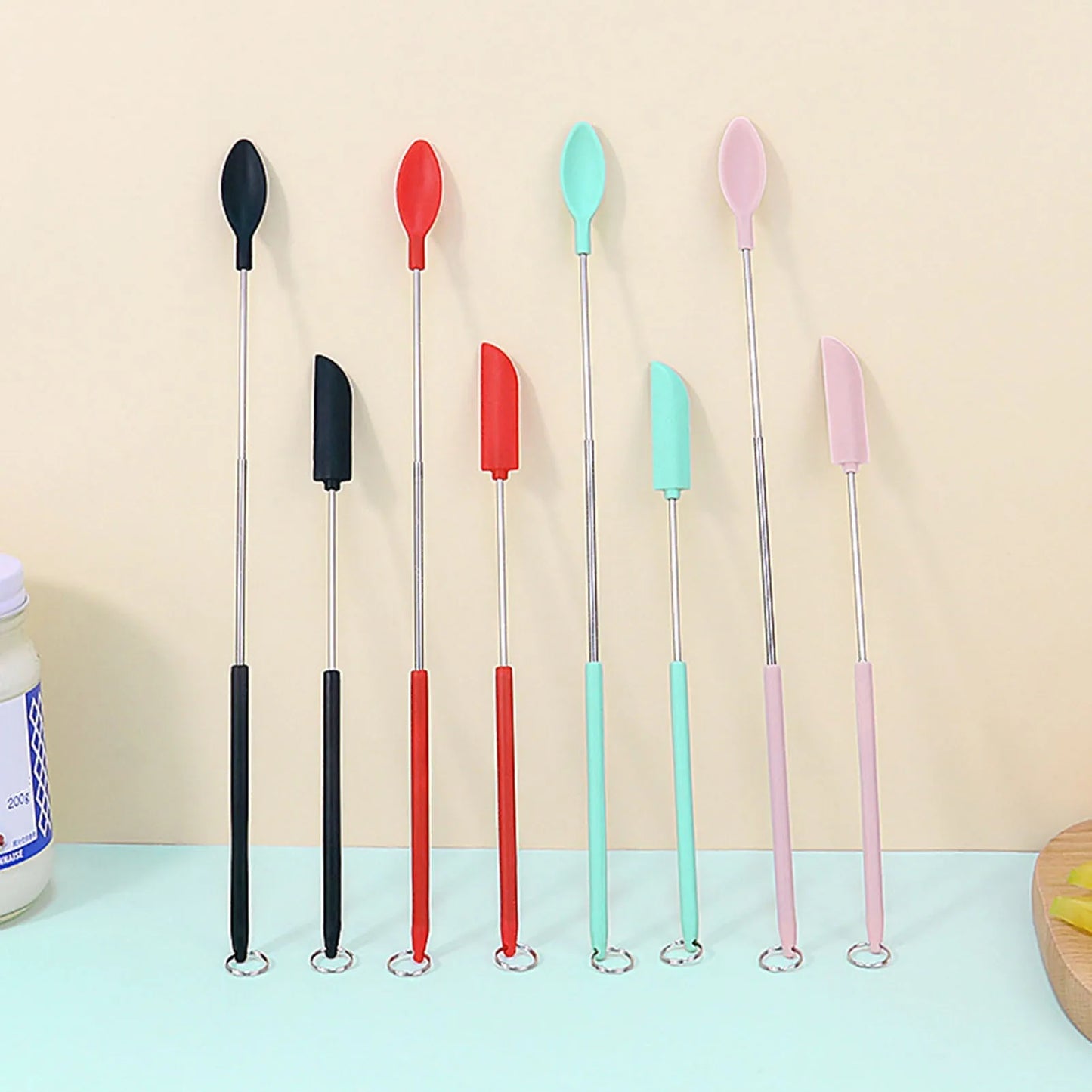 Mini Retractable Silicone Scraper Set - Telescoping Spoon Spatula & Brush for Jars, Butter, Cream & Jam
